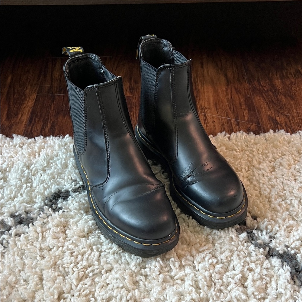 Dr. Martens Black Leather Chelsea Ankle Boots with Yellow Stitching